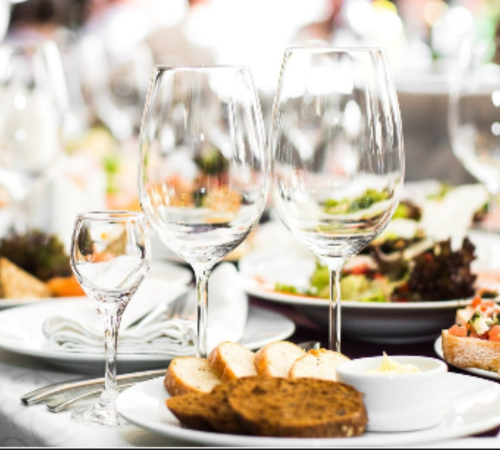 dinner plate and wine glasses
